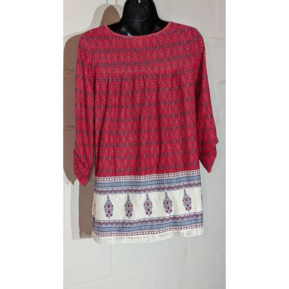 Vintage American Blues Red Bohemian Tunic Top Tassels 3/4 Sleeves Blouse Small - Picture 3 of 5